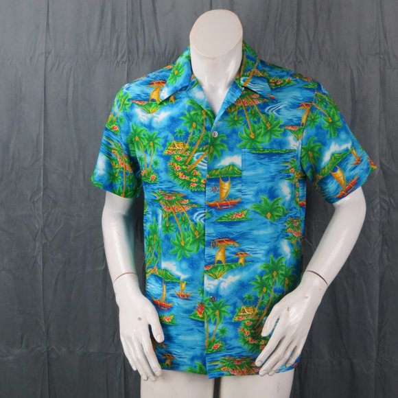 Vintage Hawaiian Aloha Shirt - Island Kon Tiki Pattern Royal Hawaiian - Medium - Picture 7 of 12
